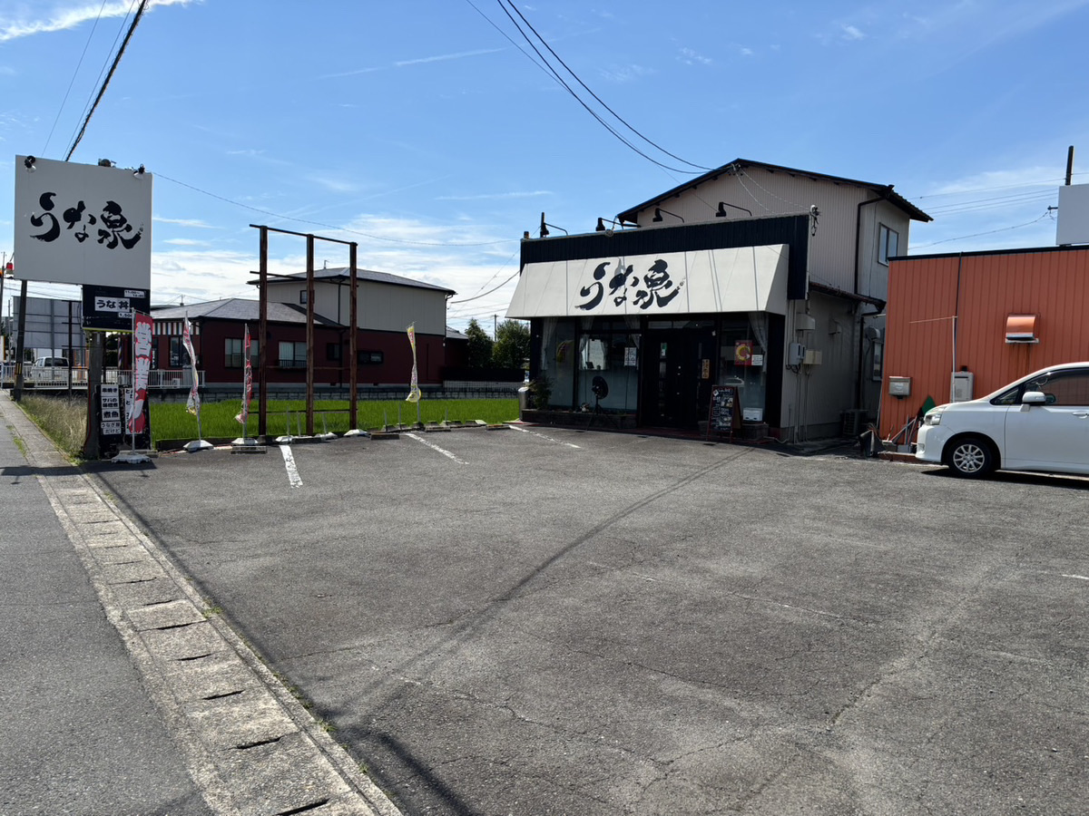うな泉の外観と駐車場
